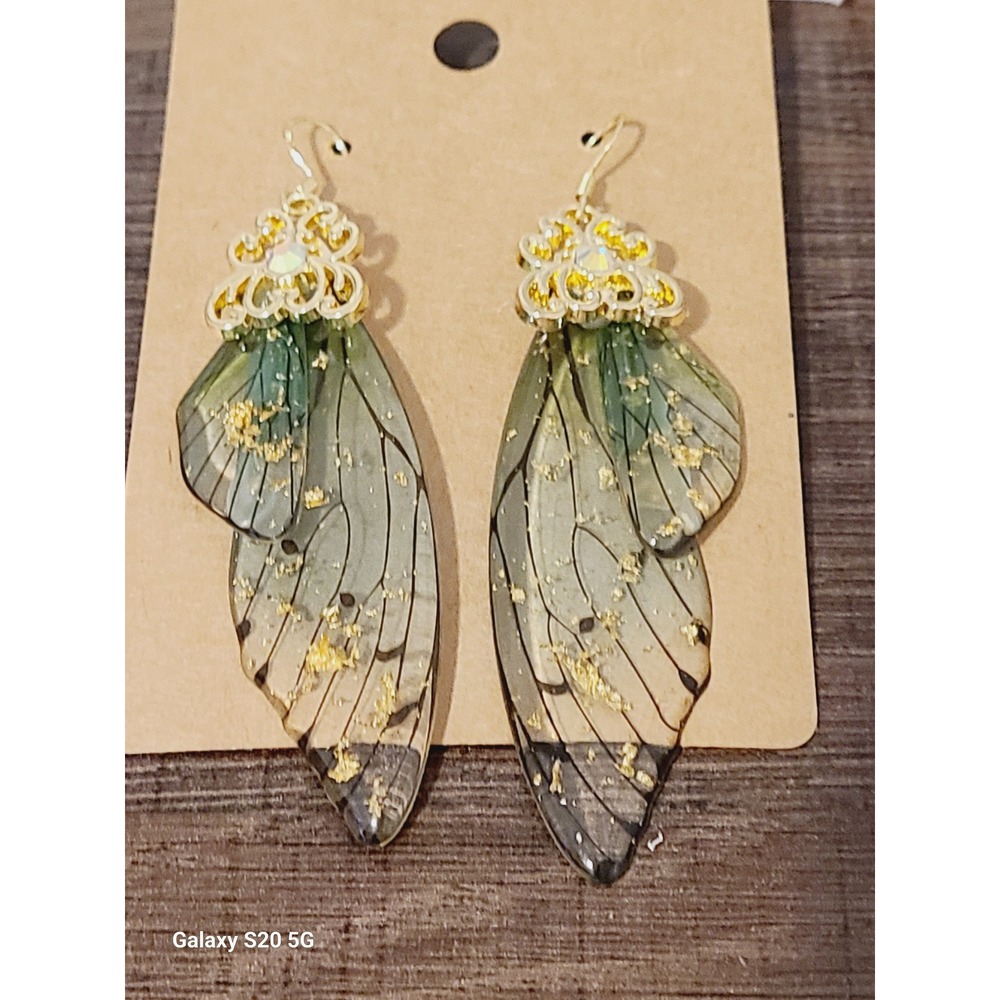 Fairy Wing Dangle Earrings Gold Tone Green Translucent Glitter Women's Jewelry